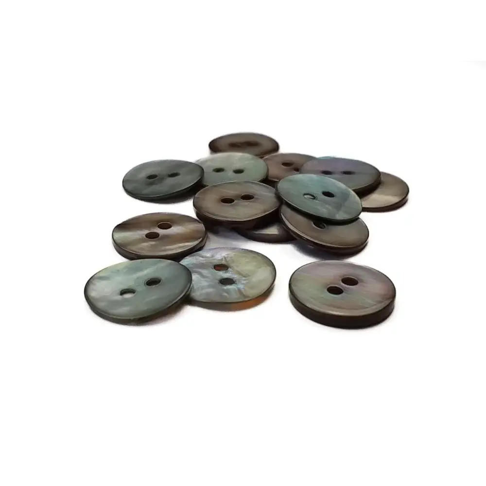 Pile of iridescent two-hole buttons.