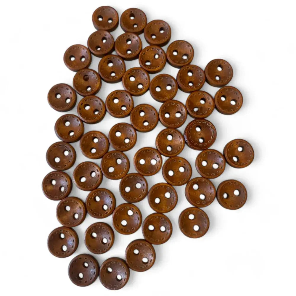 Brown, round, three-holed buttons.