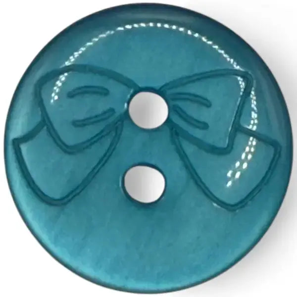 Teal button with bow design.
