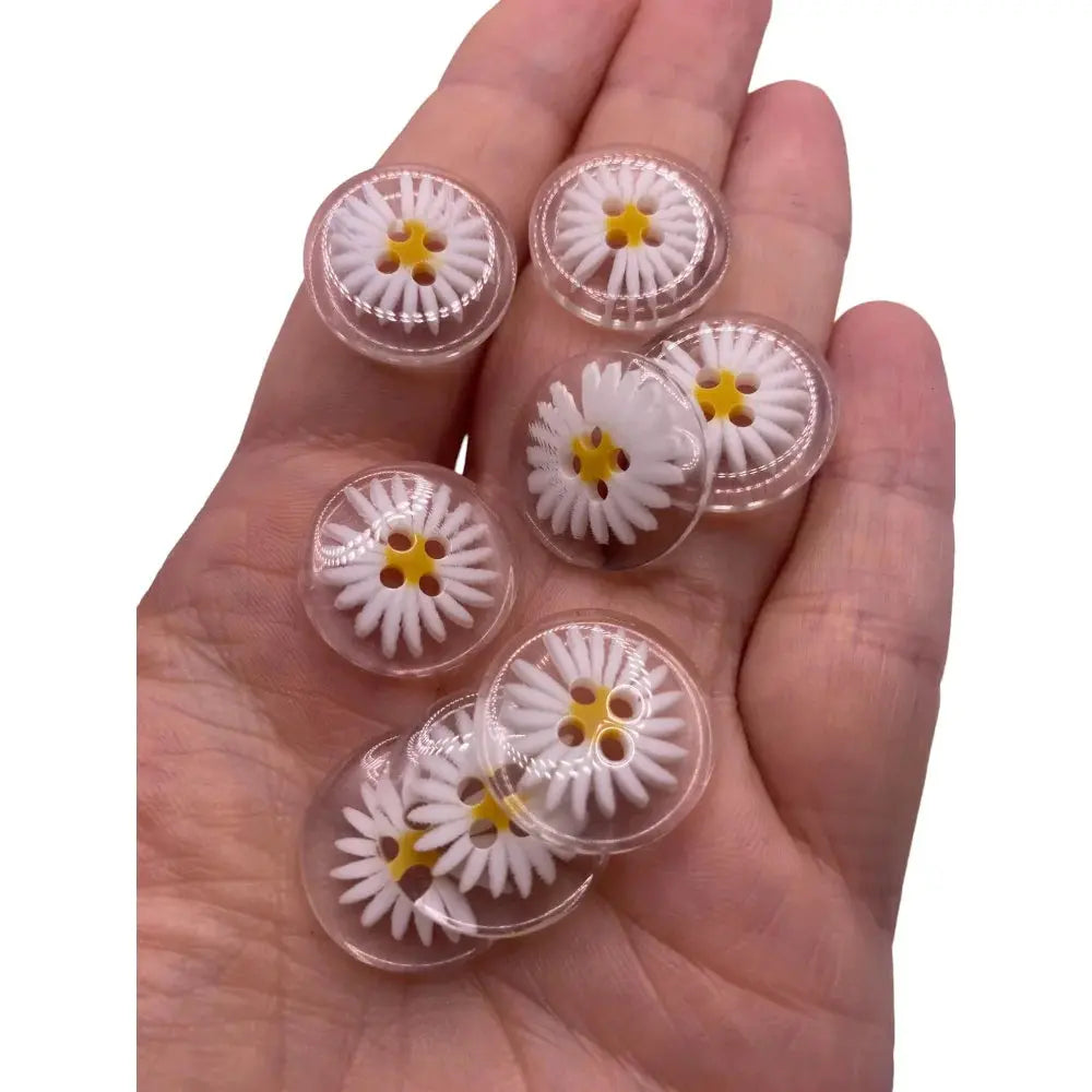 Daisy-themed clear plastic buttons.