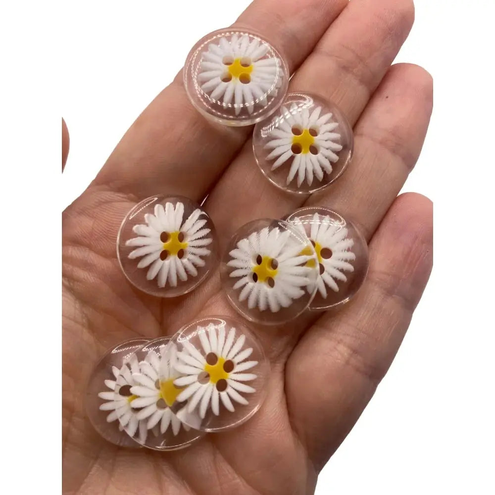 Daisy-themed clear plastic buttons.