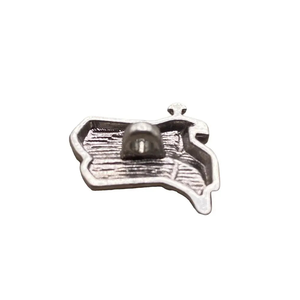 Silver saddle-shaped button.