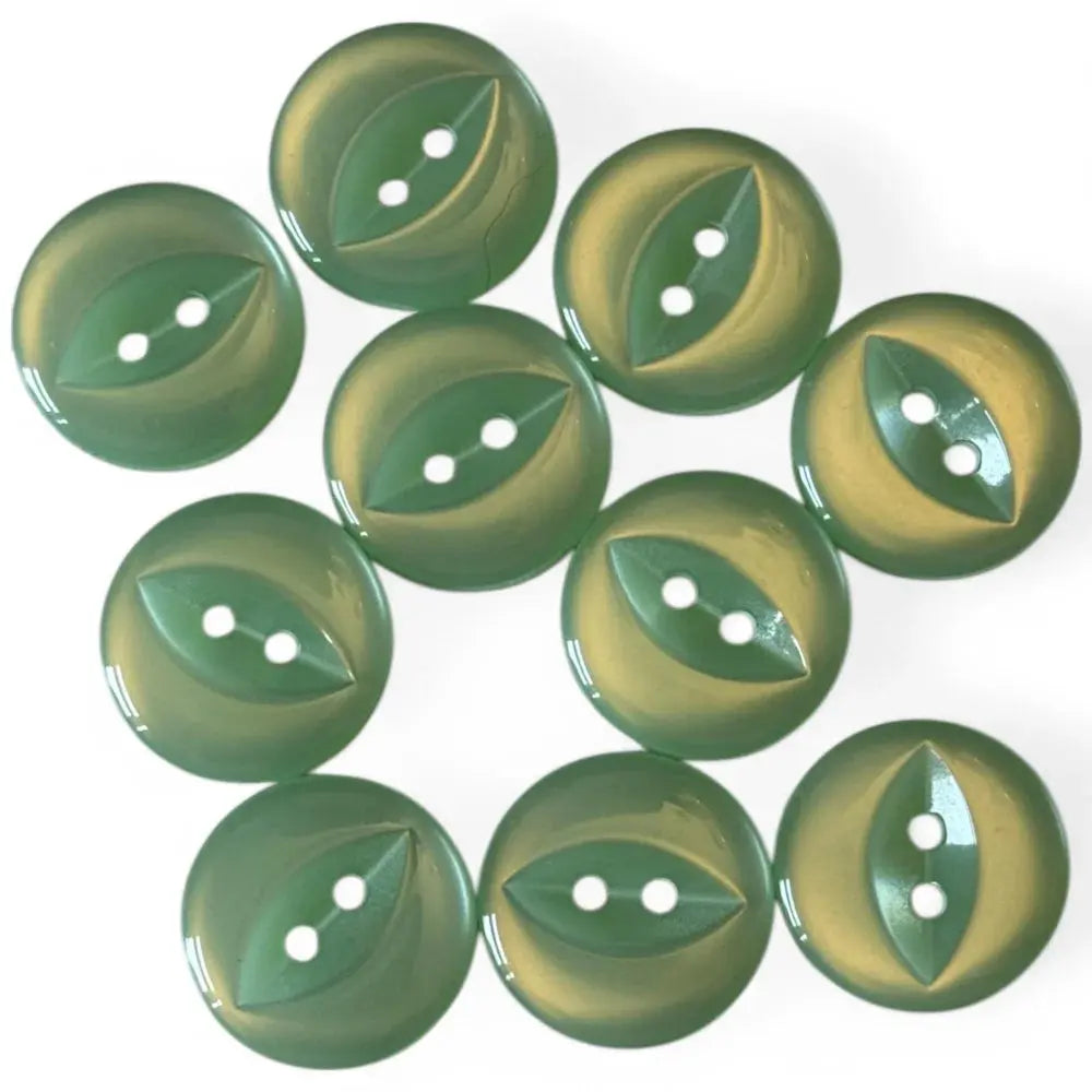 Green and gold leaf-shaped buttons.
