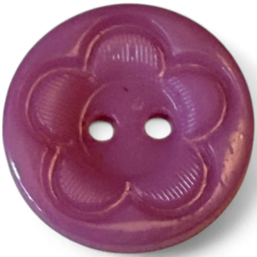 Purple flower-shaped button with two holes.
