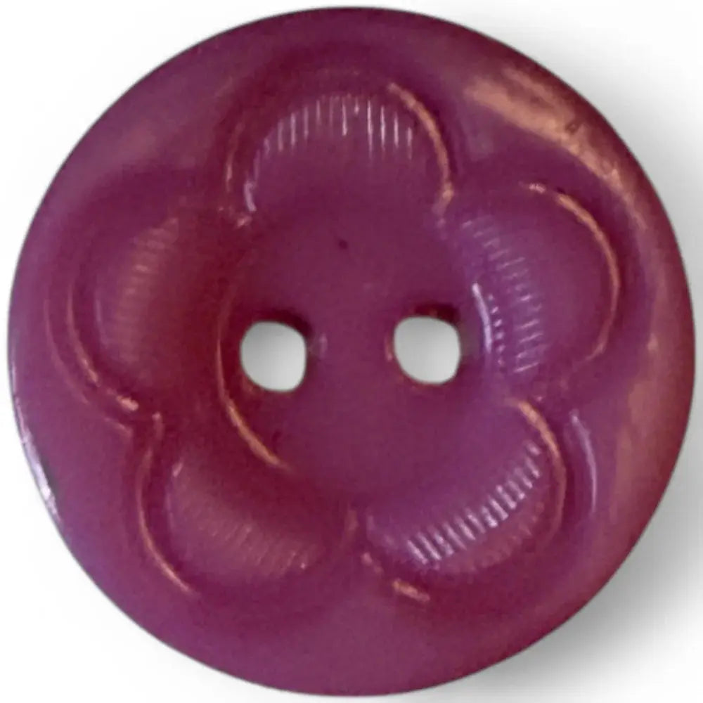 Purple flower-shaped button with two holes.