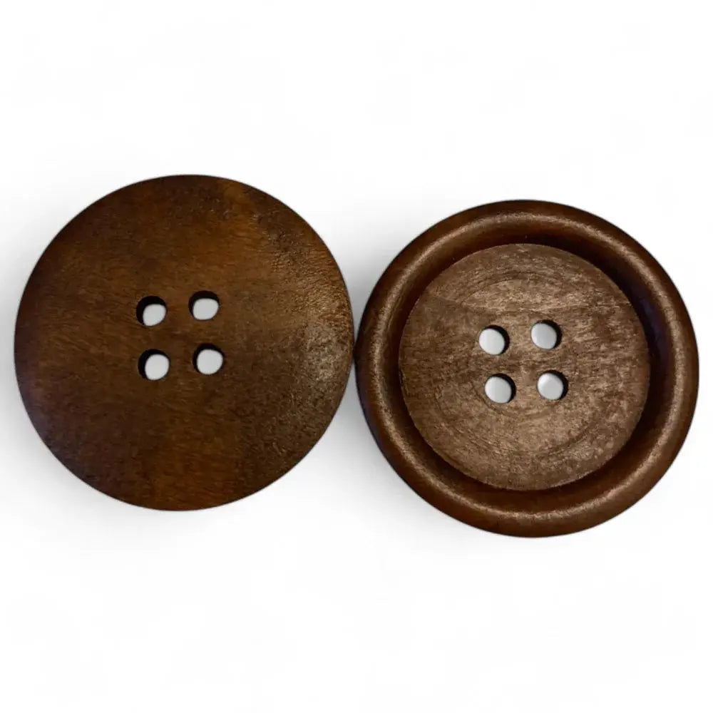 Two brown, four-hole wooden buttons.