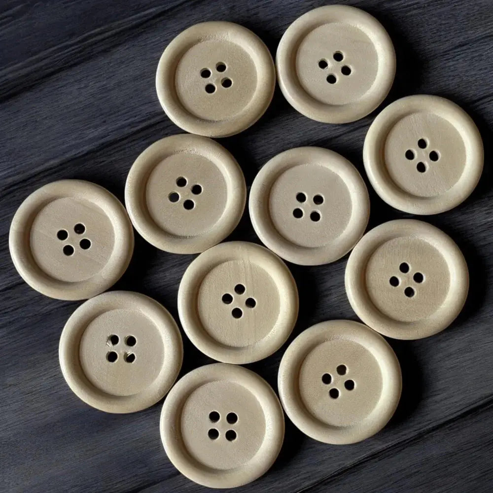 Round, four-hole wooden buttons.