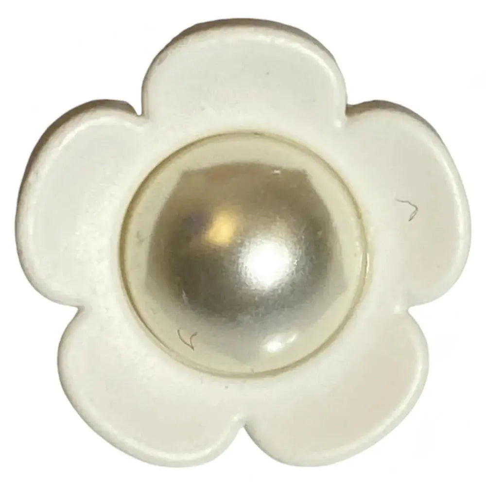 White flower-shaped button with pearl center.