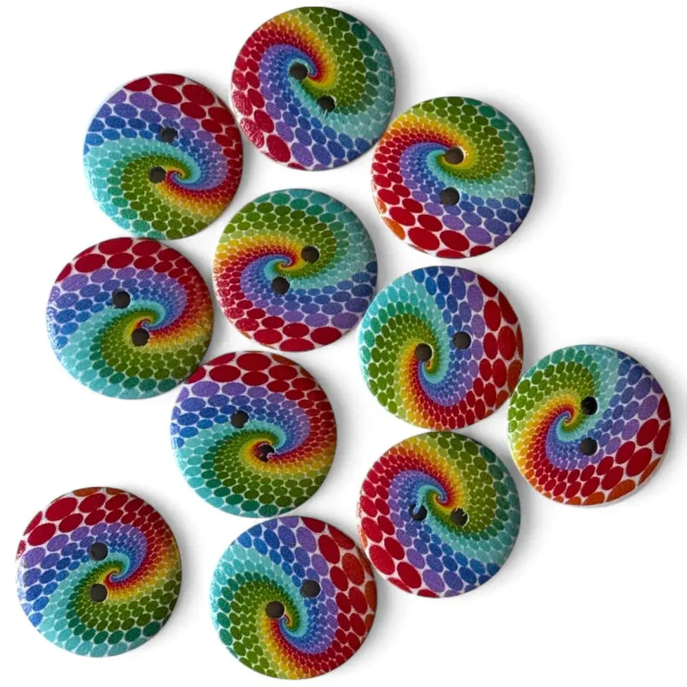 Colorful spiral-patterned buttons.