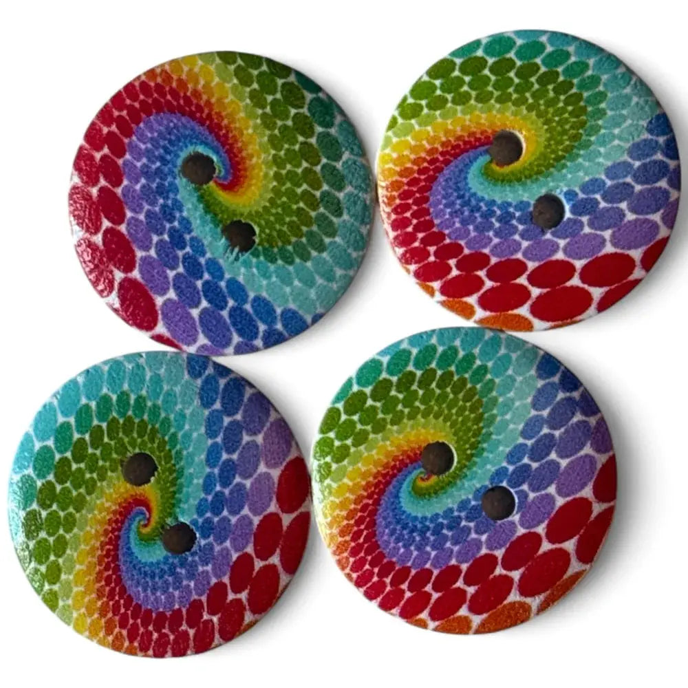 Four rainbow-colored buttons.