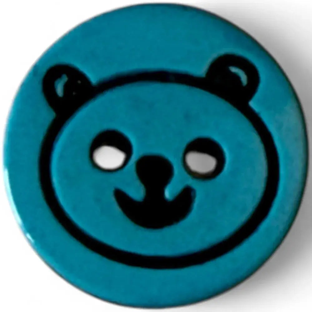Blue button with a bear face.