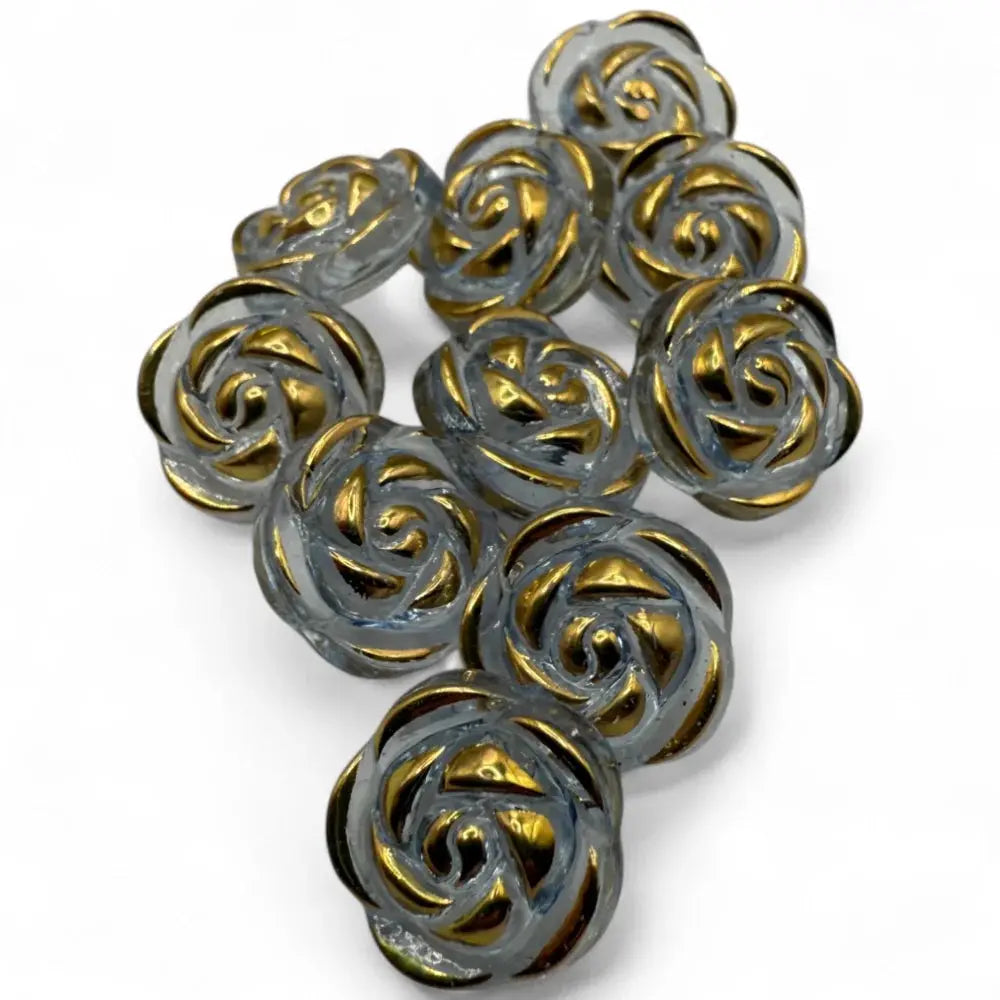 Rose-shaped glass buttons with gold accents.
