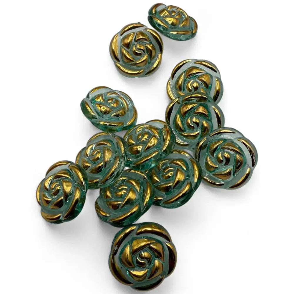 Green and gold rose-shaped beads.