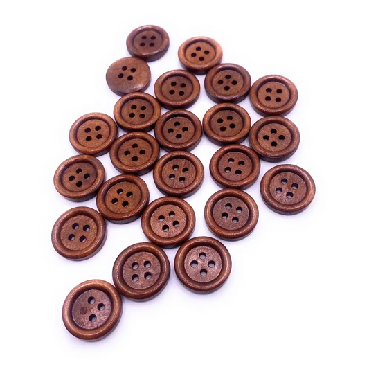 Pile of brown wooden four-hole buttons.