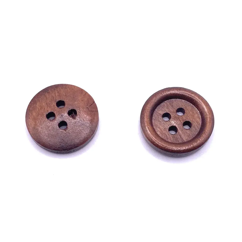 Two brown wooden four-hole buttons.
