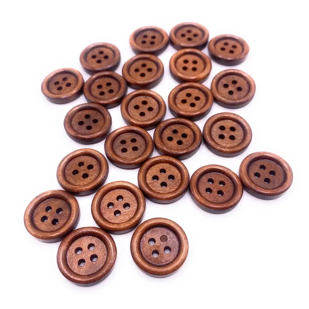 Round, brown, four-hole wooden buttons.