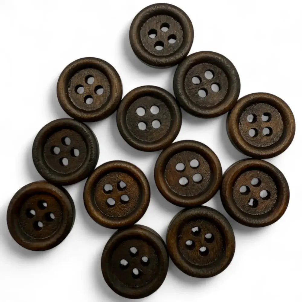 Group of brown wooden four-hole buttons.