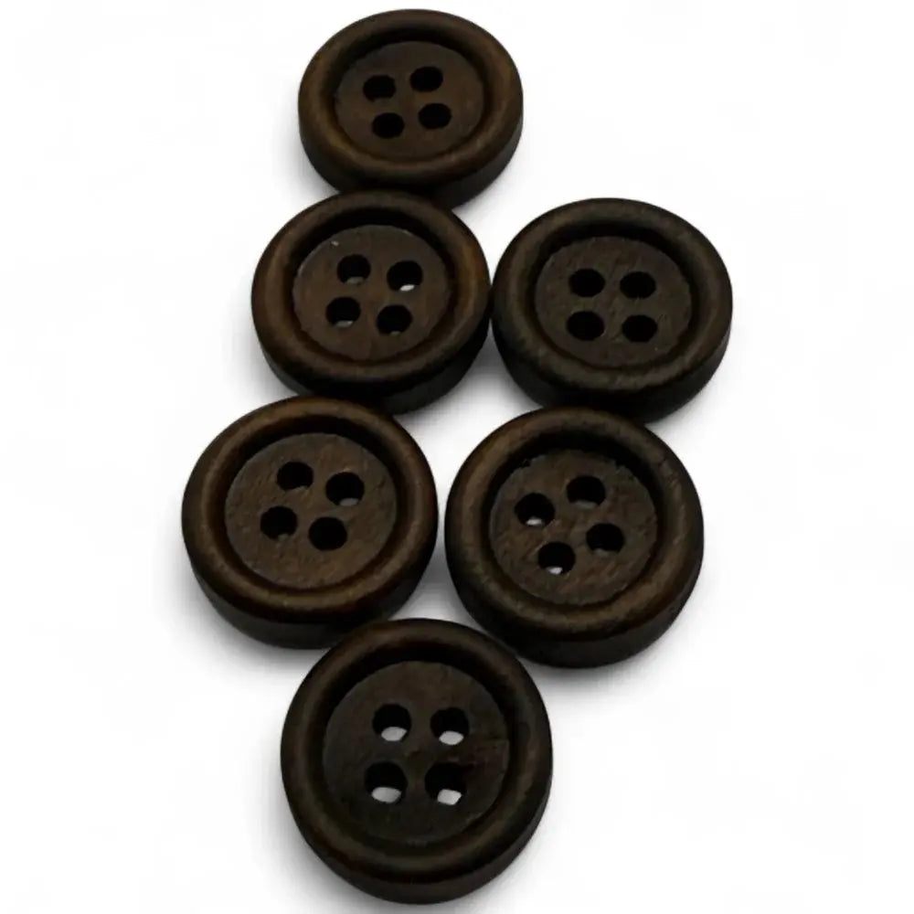 Six dark brown wooden buttons.