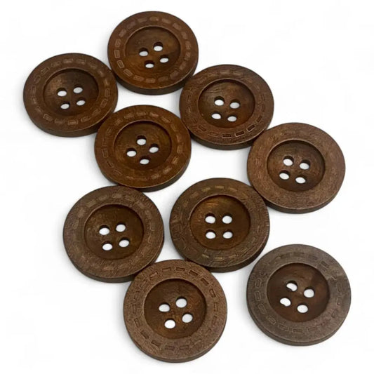 Round, brown, four-hole buttons.
