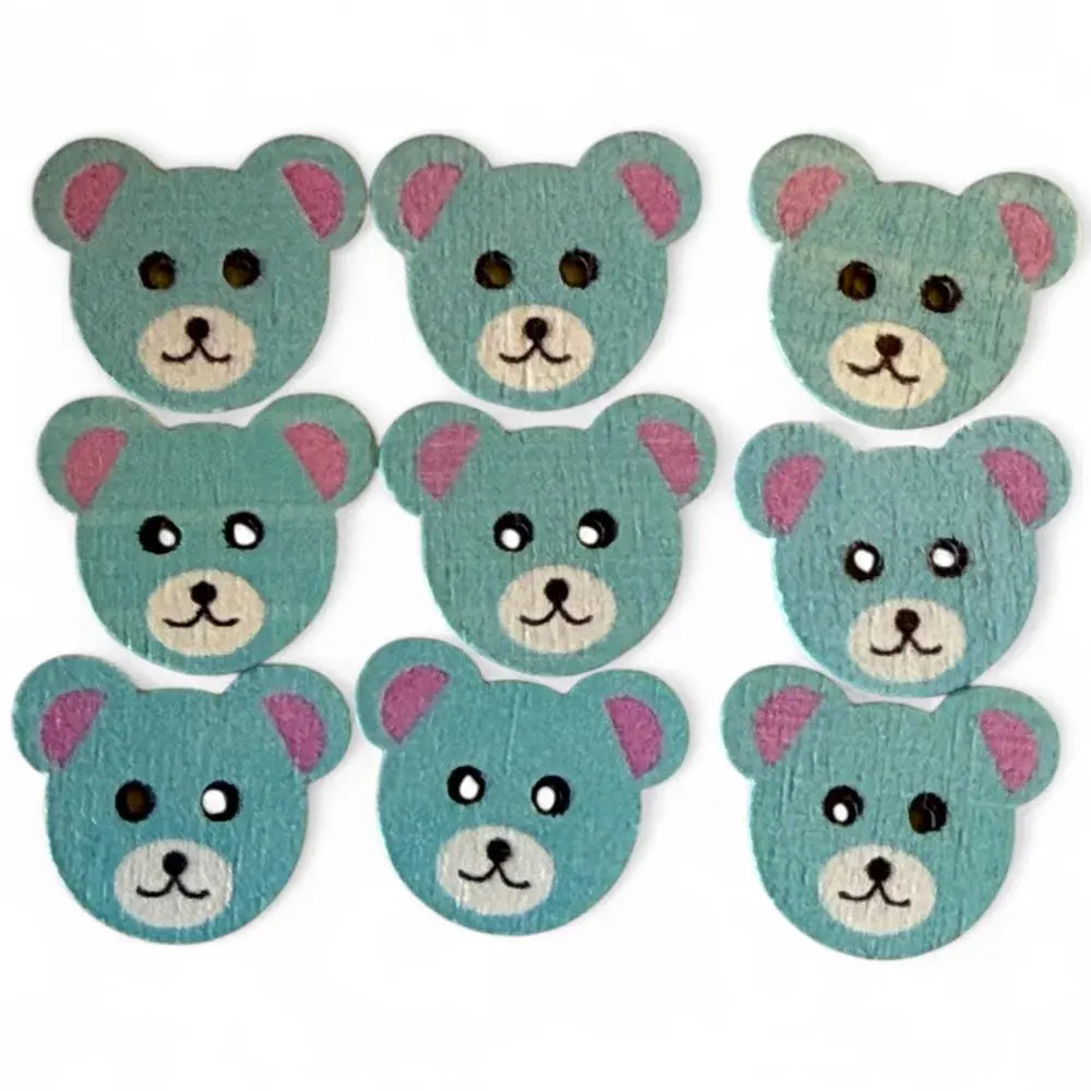 Nine blue wooden teddy bear buttons.