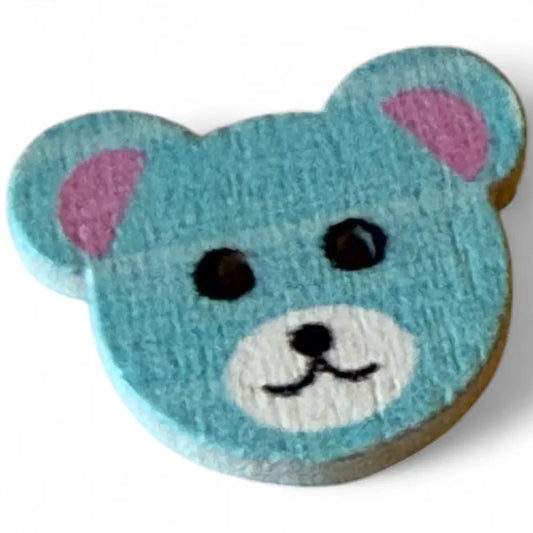 Blue wooden teddy bear button.