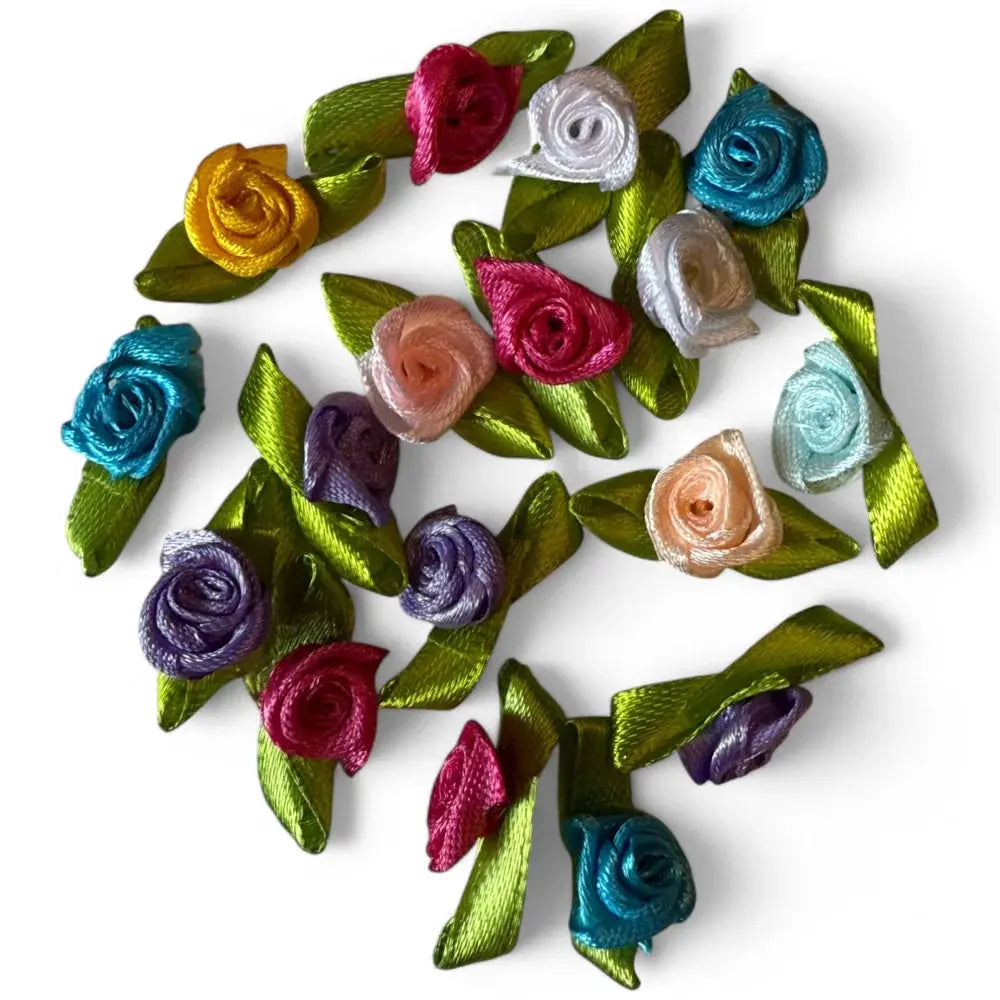 Colorful satin ribbon rose embellishments.