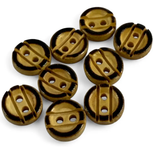 Round, two-hole, brown and black buttons.