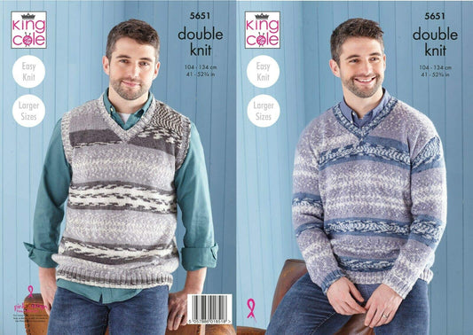 Knitting Pattern Mens V Neck Jumper and Slipover in Fjord DK 5651 King Cole