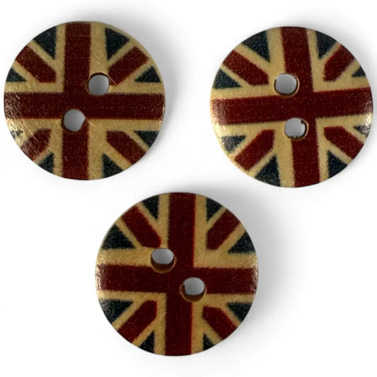15mm Wooden Union Jack Buttons UK Flag Design 2 Holes Pack of 10
