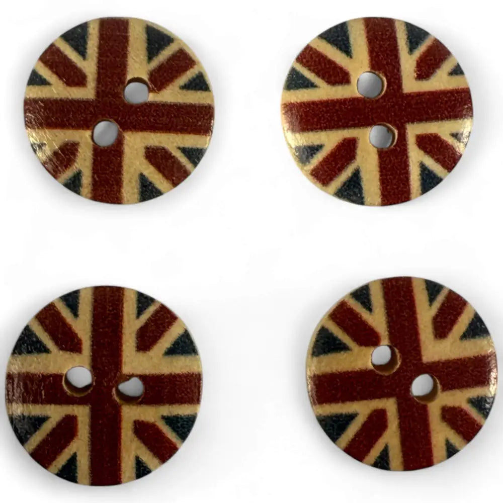 15mm Wooden Union Jack Buttons UK Flag Design 2 Holes Pack of 10