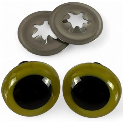 Olive green and black safety eyes with washers.