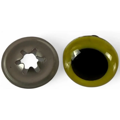 Olive-green googly eye and a metal fastener.