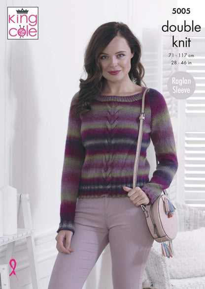 King Cole Ladies Double Knitting Pattern Womens Raglan Sleeve Cabled Sweater & Cardigan (5005)