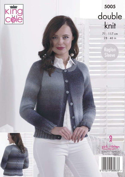 King Cole Ladies Double Knitting Pattern Womens Raglan Sleeve Cabled Sweater & Cardigan (5005)
