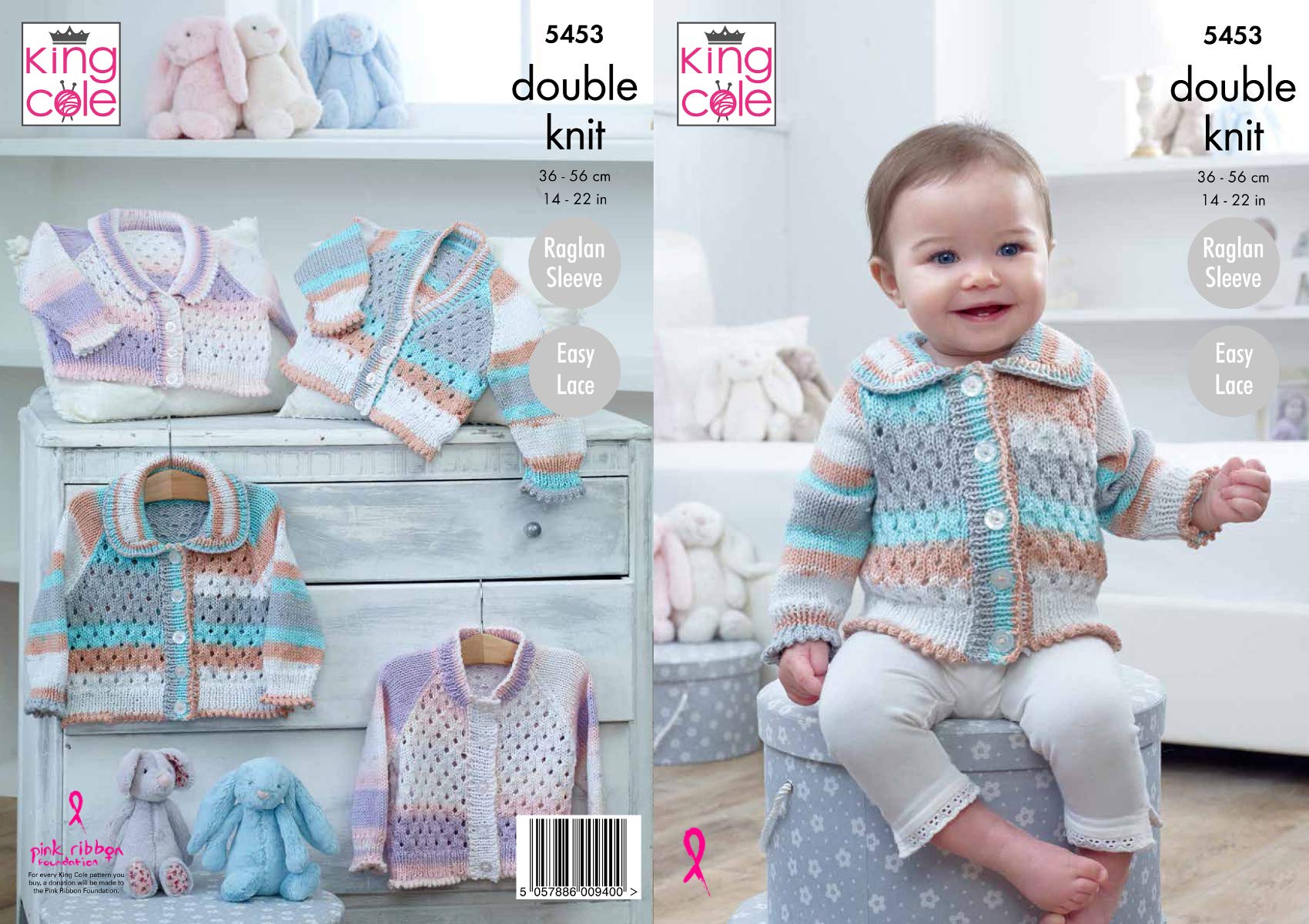 King Cole 5453 Knitting Pattern Baby Easy Lace Raglan Cardigans in Cottonsoft Crush DK,Multicolor,14’’ 22’’ chest