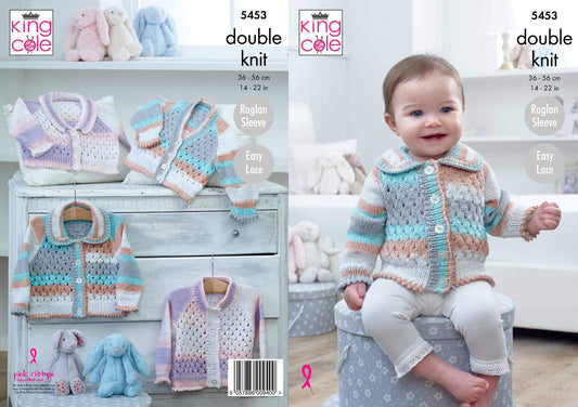 King Cole 5453 Knitting Pattern Baby Easy Lace Raglan Cardigans in Cottonsoft Crush DK,Multicolor,14’’ 22’’ chest