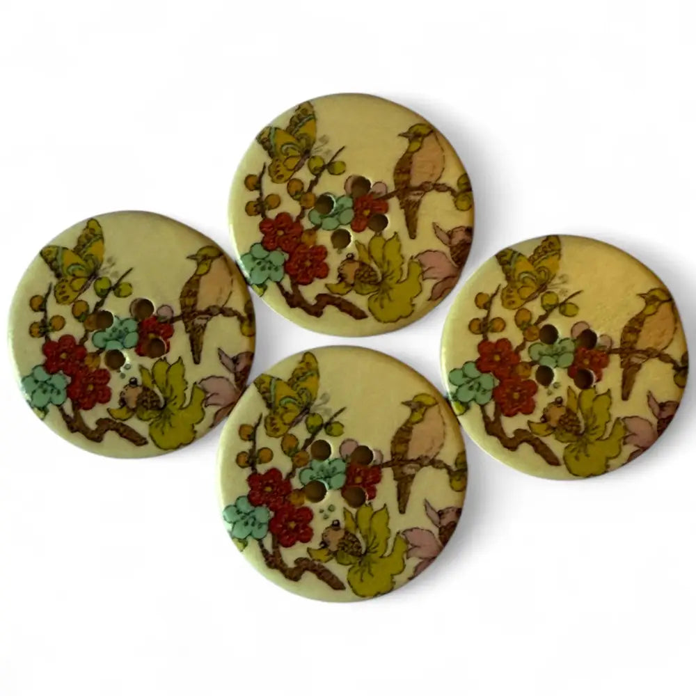 30mm Wooden Sewing Buttons with Birds and Flowers Pattern 4 Holes 6 Pieces