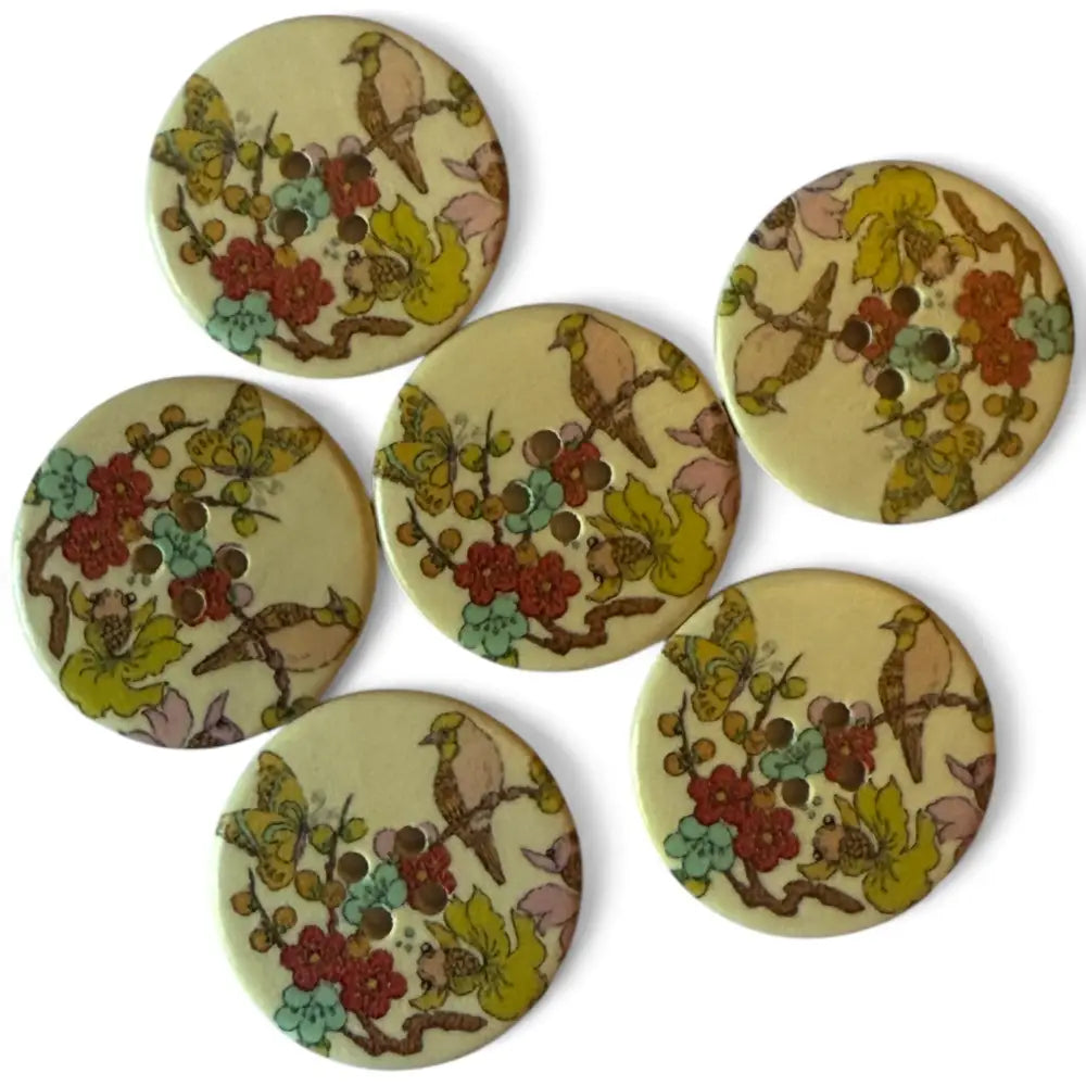 30mm Wooden Sewing Buttons with Birds and Flowers Pattern 4 Holes 6 Pieces