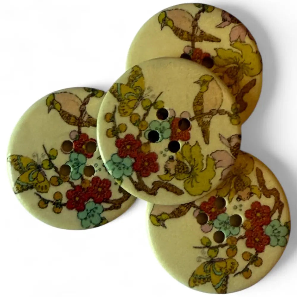 30mm Wooden Sewing Buttons with Birds and Flowers Pattern 4 Holes 6 Pieces
