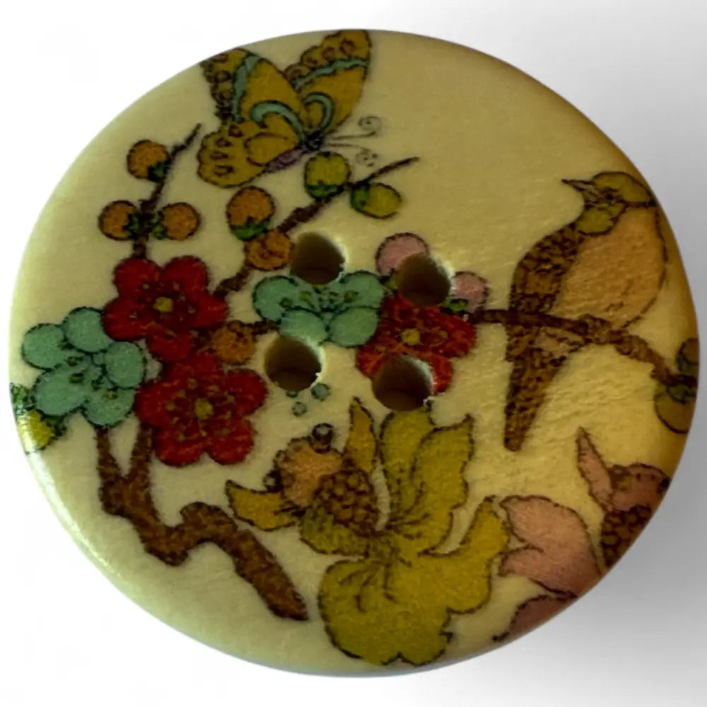 30mm Wooden Sewing Buttons with Birds and Flowers Pattern 4 Holes 6 Pieces