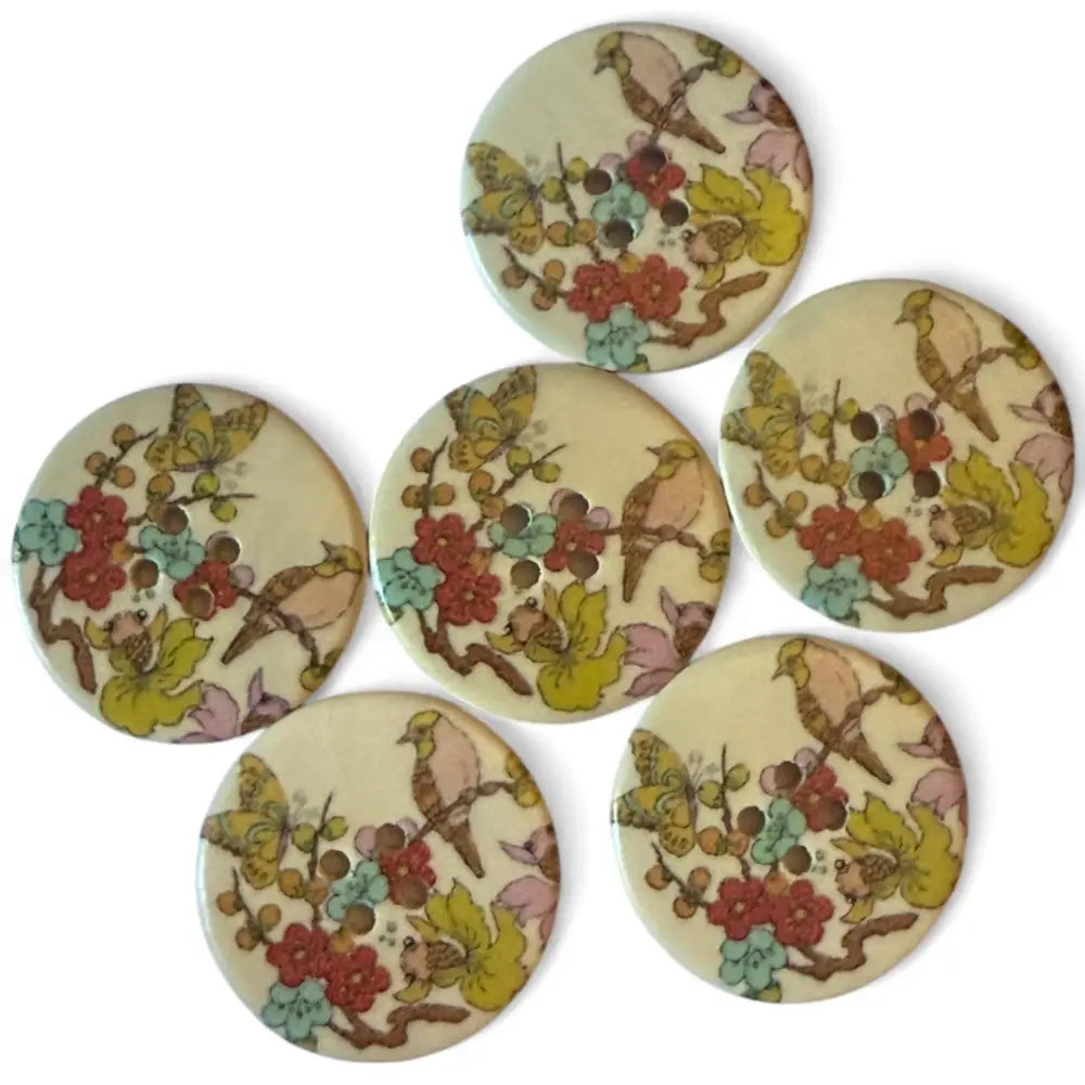 30mm Wooden Sewing Buttons with Birds and Flowers Pattern 4 Holes 6 Pieces