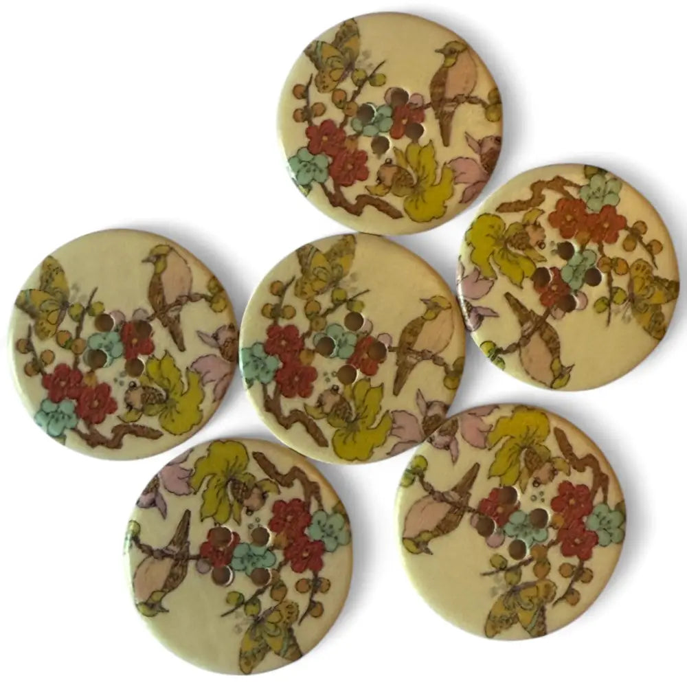 30mm Wooden Sewing Buttons with Birds and Flowers Pattern 4 Holes 6 Pieces