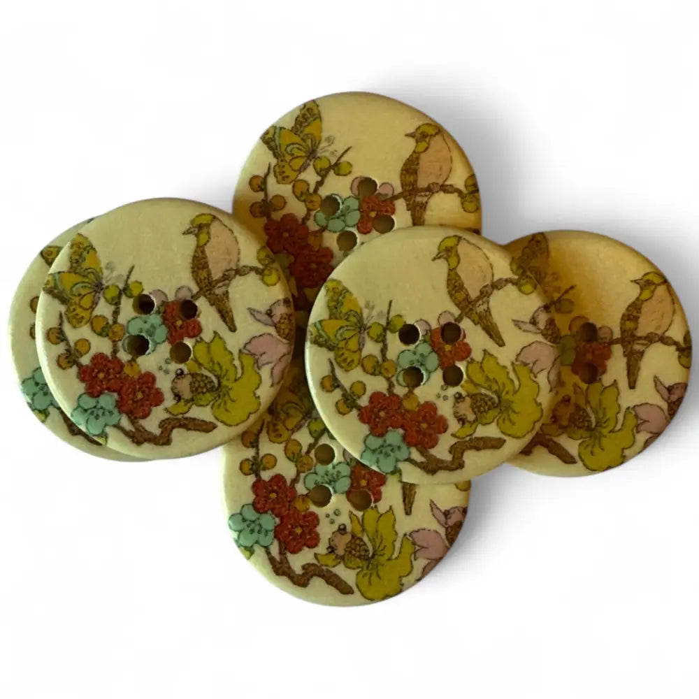 30mm Wooden Sewing Buttons with Birds and Flowers Pattern 4 Holes 6 Pieces
