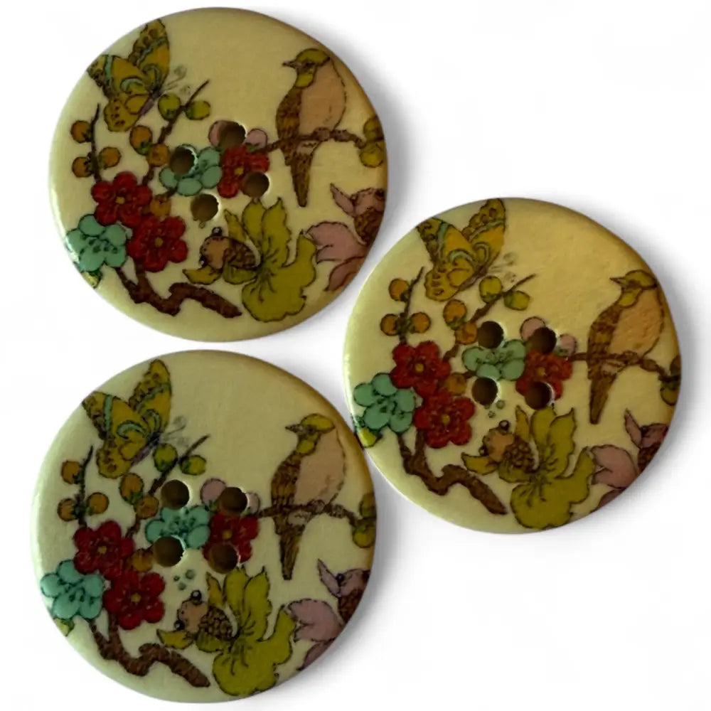 30mm Wooden Sewing Buttons with Birds and Flowers Pattern 4 Holes 6 Pieces