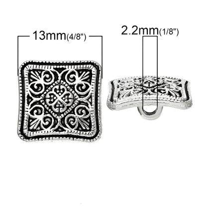 6 Pack of 13mm Shank Buttons Antique Square Silver Metal Carved Flower Pattern