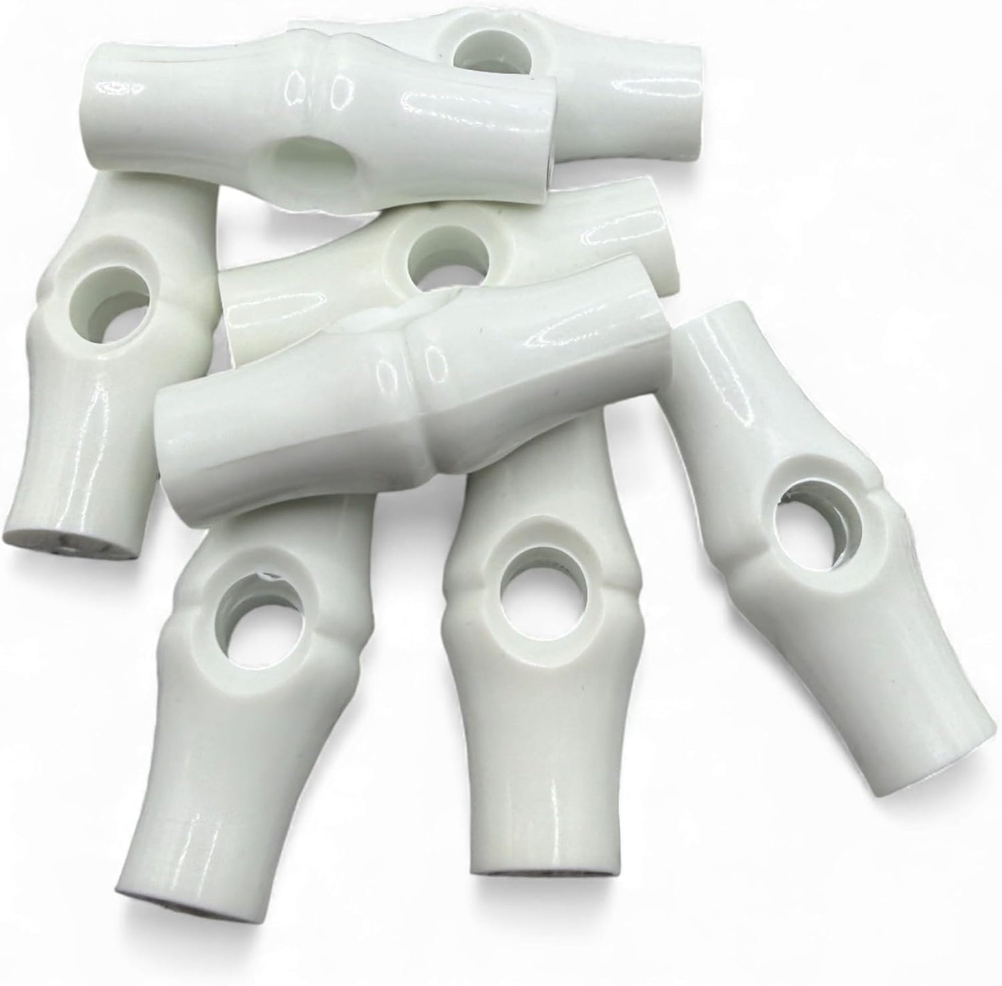 White Solid Toggles, Bamboo Shape with Centre Hole, Plastic, 37mm, Pack of 6