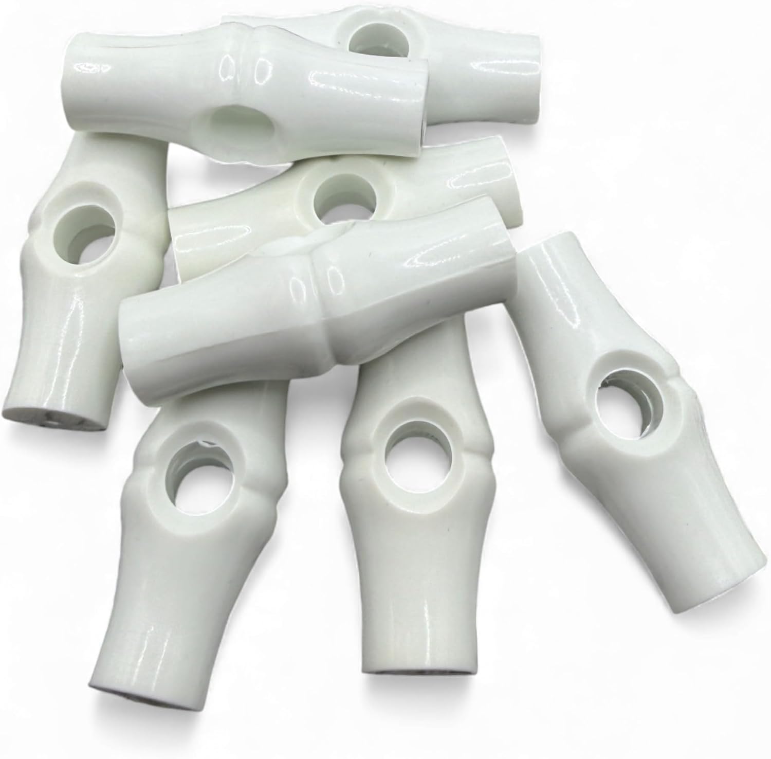 White Solid Toggles, Bamboo Shape with Centre Hole, Plastic, 37mm, Pack of 6