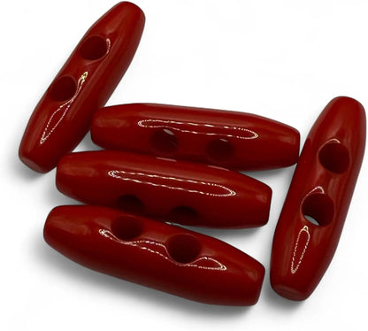 Plastic Toggle Buttons, Red, 38mm 2-Hole Design, Pack of 6