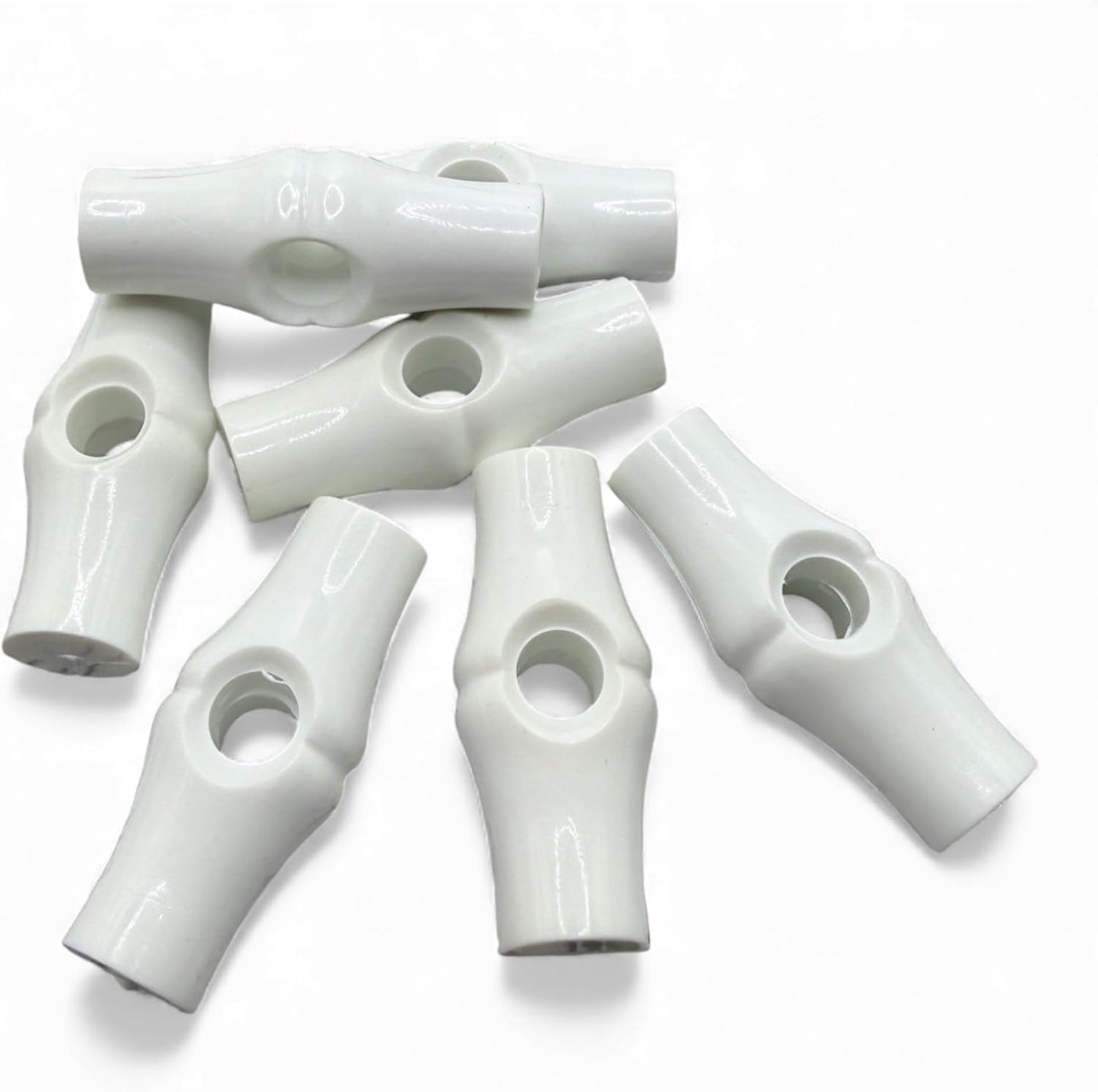 White Solid Toggles, Bamboo Shape with Centre Hole, Plastic, 37mm, Pack of 6