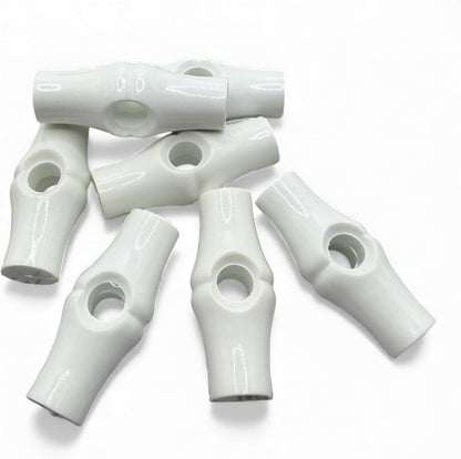 White Solid Toggles, Bamboo Shape with Centre Hole, Plastic, 37mm, Pack of 6